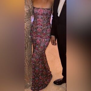 Sherri Hill floral beaded pink and blue evening gown